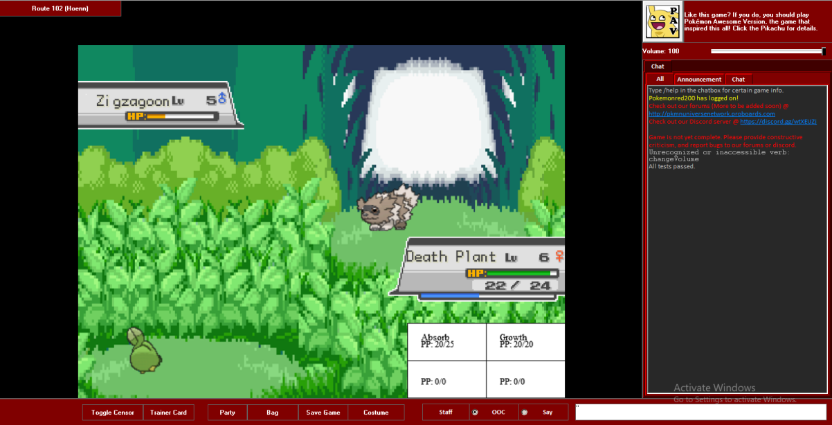 Pokémon Universe Network battle, showing a player's Budew fighting a wild Zigzagoon.